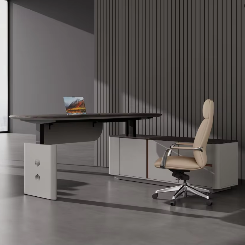 Modern Luxury Executive Office Furniture Durable L-Shaped Manager Desk, Wooden Height-Adjustable Table