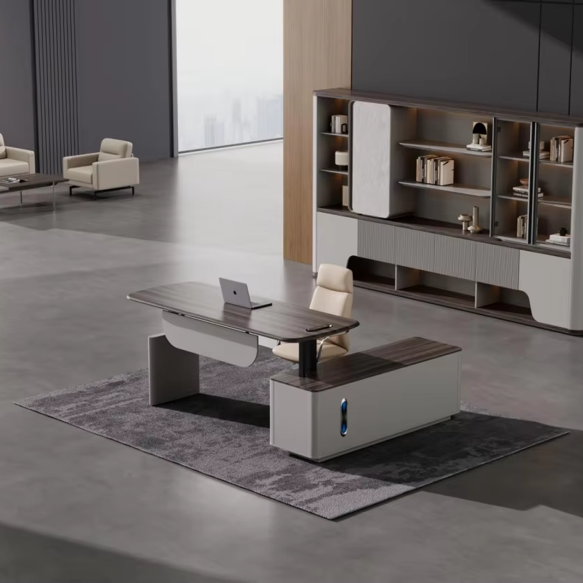 Modern Luxury Executive Office Furniture Durable L-Shaped Manager Desk, Wooden Height-Adjustable Table