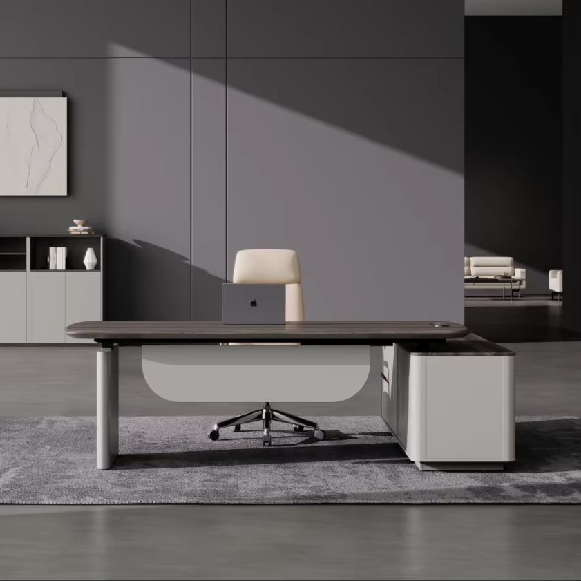 Modern Luxury Executive Office Furniture Durable L-Shaped Manager Desk, Wooden Height-Adjustable Table